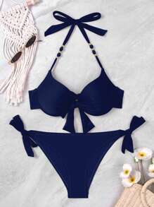 Swim Vcay Summer Beach Push Up Enhancing Wire Full Coverage Solid Two-Piece Bikini Set - Navy Blue - View 5