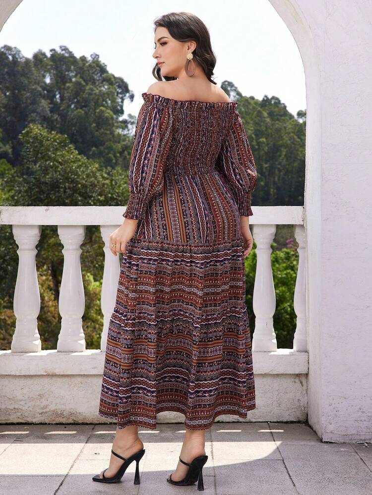 Plus Size Vintage Printed Off Shoulder Dress
