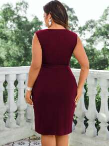 Cravure Burgundy Red Plus Size Solid Color Pleated Wrap Dress With Knot Detail Wedding
