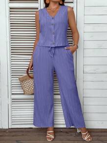 SHEIN LUNE Plus Size Women's Summer Solid Color Single-Breasted V-Neck Vest And Pants Casual Two-Piece Set - Purple - View 3