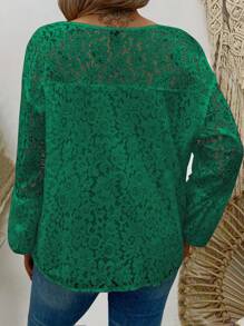 EMERY ROSE Plus Size Women's Lace Lantern Sleeve Casual Loose Blouse For Spring/Summer