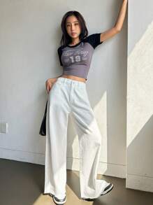 DAZY Solid Color Wide Leg Jeans With Slanted Pockets And Frayed Hems, Suitable For All Seasons