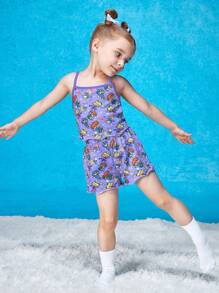 Nick 90s | SHEIN Young Girl Allover Cartoon Space Print Sling Pajama Two Piece Set - Purple - View 8