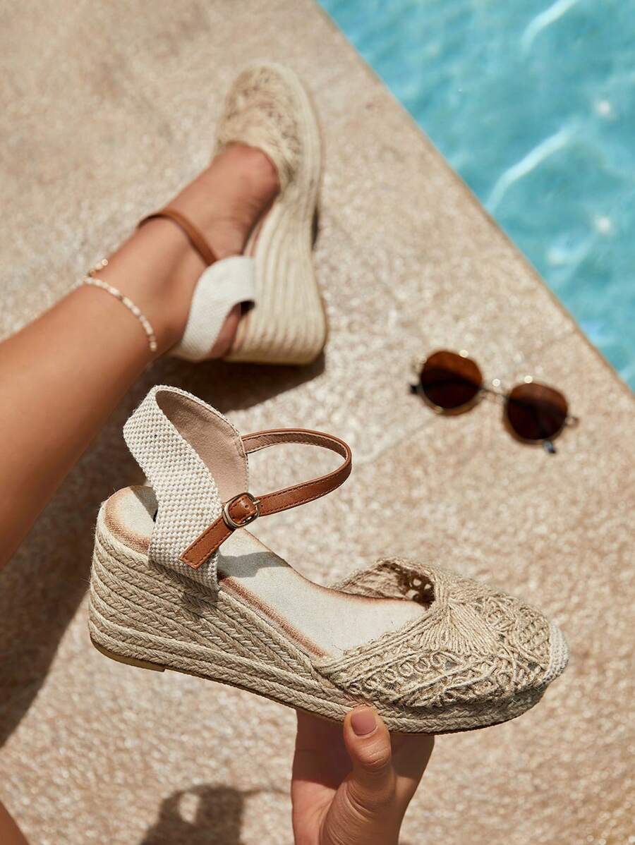 Styleloop Giày Wedges Court Quai mắt cá chân cho Nữ, Chi tiết Đan Giày đế nêm Espadrille - Màu be - Xem 1