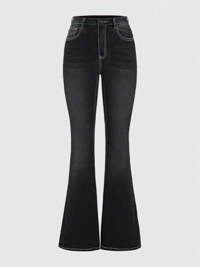 Grunge Punk Y2k Vintage Millennium Embroidery Women's Slim Fit Flare Jeans With Pocket, Star, Moon, Cross Detail, School