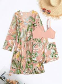 SHEIN Swim Summer Beach Tropical Print Spaghetti Strap Contrast Tropical Print Bikini Set & Kimono