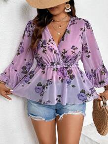 SHEIN Clasi 大碼花卉印花綁腰喇叭袖襯衫,適合夏日假期 - 紫色 - 查看 5
