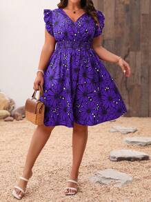 SHEIN Clasi Kích thước lớn Của phụ nữ Hoa In Chồng chéo Cổ chữ V Dây thắt lưng Tay áo mũ Đầm Cho mùa hè - Màu tím - Xem 6