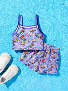 Nick 90s | SHEIN Young Girl Allover Cartoon Space Print Sling Pajama Two Piece Set - Purple - View 2