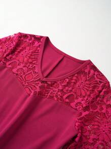 Zolique Women Elegant Lace Patchwork Wrapped Tulip Hem Bodycon Dress With Ruffle Trim - Burgundy - View 3