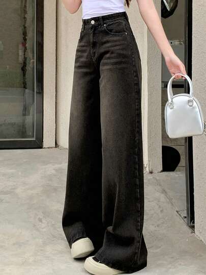 DAZY Pantalon en jean évasé à jambes larges lavé, jeans boyfriend taille basse Y2K