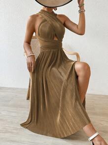 Chiquease A-Line Halter Neck Cross Straps Bandage Lace Up Cut Out Side Slit Pleated Sexy Dress For Summer
