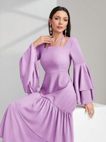 Modelyn Vestido de noche de unicolor con mangas acampanadas, volantes y bajo asimétrico para mujeres