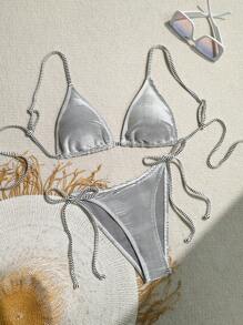 SHEIN Swim Summer Two-Piece Bikini Set With Spaghetti Strap, Back Tie, Separable - Black and White - View 1