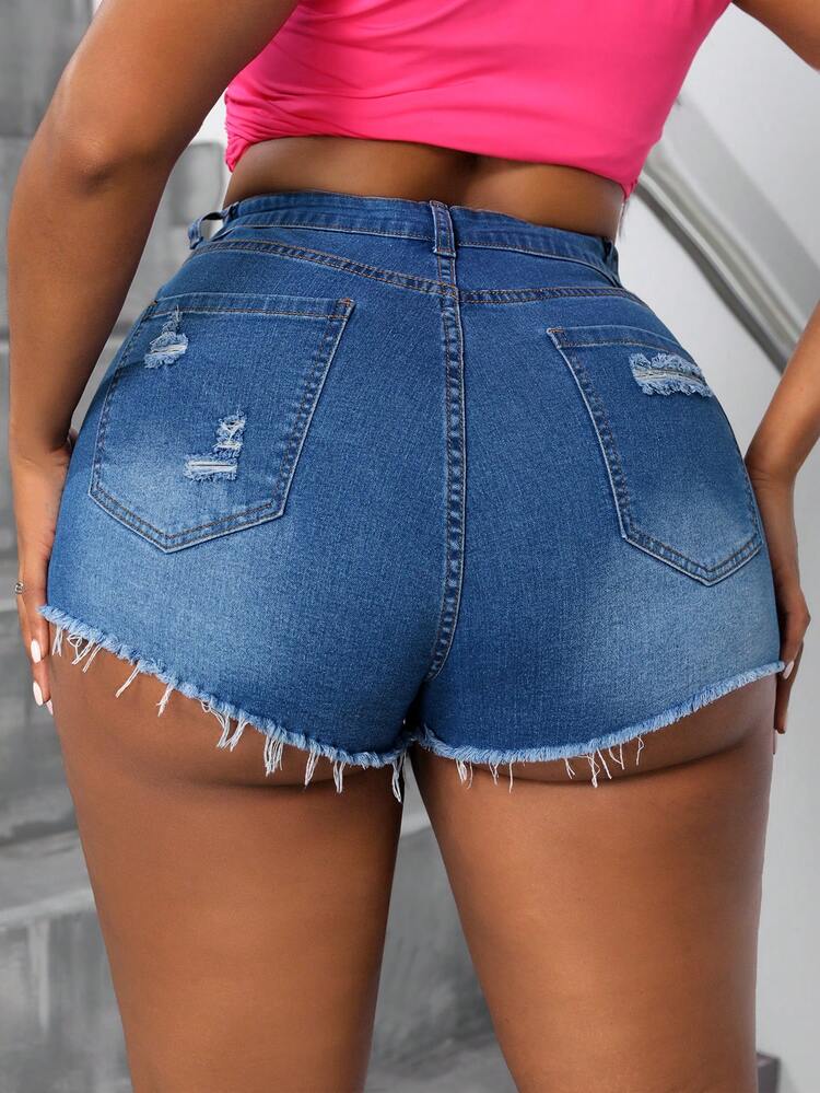 Plus Size Women's High Elasticity Mid-Waist Destroyed Fitted Sexy Hot Denim Shorts