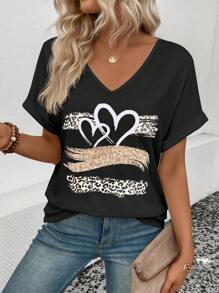 INAWLY Camiseta De Manga Corta Con Cuello En V Con Estampado De Corazones Y Leopardo