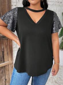 SHEIN LUNE Plus Size Women's Summer Sparkly Choker V-Neck Ruffle Short Sleeve T-Shirt With Sequin Detailing
