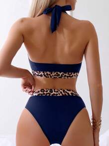 SHEIN Swim 女士豹紋露背比基尼套裝，隨機圖樣，適合度假，夏季沙灘 - 藍色 - 查看 2