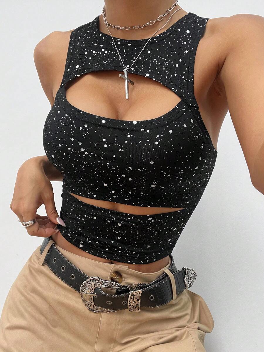 SHEIN EZwear Vintage Hollow Out All Over Print Round Neck Tank Top - Black and White - View 1