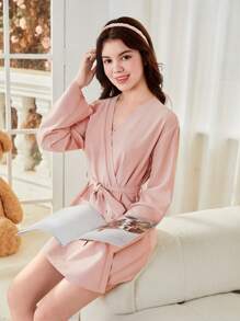 Conjunto de 3 piezas para usarse en casa para adolescentes, que incluye camisola rosa de flor de loto simple y de moda con pantalones cortos y bata de manga larga - Rosa vieja - Ver 4