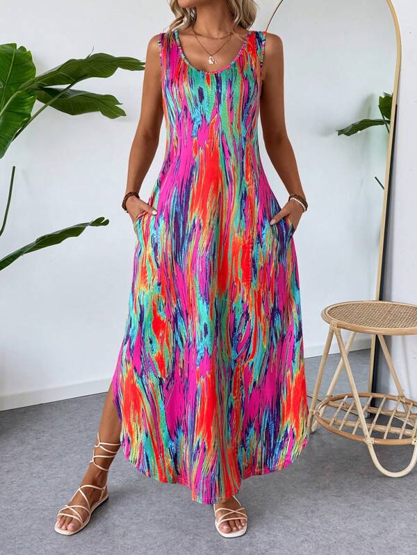 EMERY ROSE Rochie de vară pentru femei, cu decolteu în V, tiv asimetric, cu despicatură laterală, imprimată, ocazională de vacanță, fără mâneci, cu buzunare, ținute de festival Rochie de 4 iulie Rochii de toamnă Rochie de vară midi