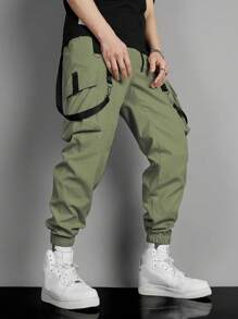 Manfinity EMRG Men Contrast Tape Flap Pocket Drawstring Waist Cargo Trousers - Army Green - View 4