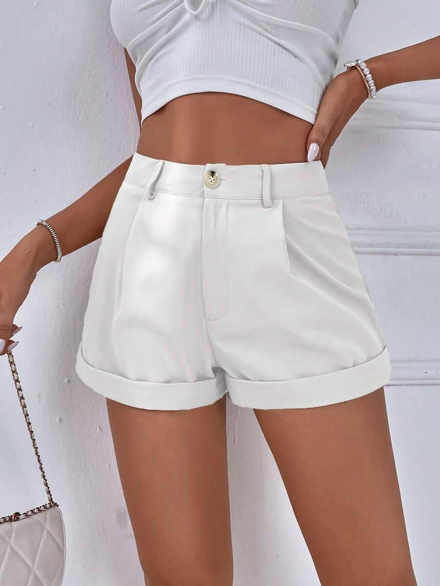 Chiquease Shorts sencillos y diarios para damas de un solo color con dobladillo enrollado