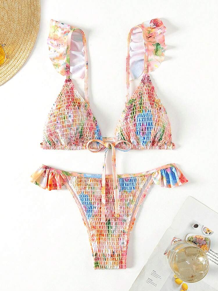 Summer Women's Floral Print Halter Bikini Set