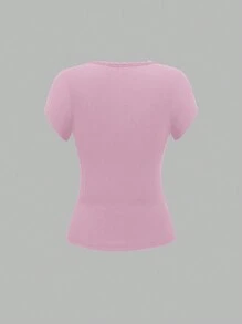 Sweetra Women's Solid Color Simple Lace Collar Decorated T-Shirt