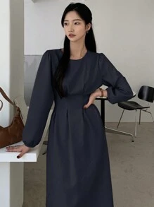 DAZY 優雅純色長袖鈕扣系腰連身裙,適合春季穿著 - 寶藍色 - 查看 5