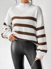 SHEIN Essnce Women's Fall/Winter Striped Drop Shoulder Wide Sleeve Loose Sweater With Stand Collar Knit Pullover
