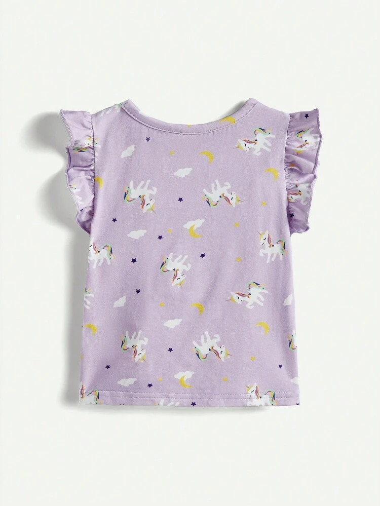 Baby Girl Colorful Unicorn Round Neck Sleeveless Top With Ruffle Hem And Headband 2pcs/Set