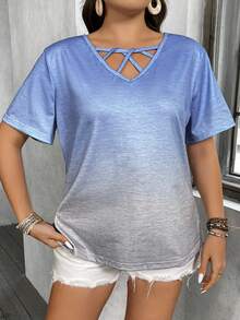 SHEIN LUNE 夏季霧藍漸變灰加大碼休閒t卹帶領帶領結 - 藍色 - 查看 4