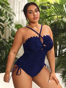 SHEIN Swim Curve Plus Size Summer Beach Hollow Out Side Drawstring Halter One-Piece Swimsuit - Navy Blue - View 3