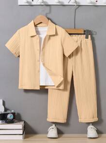 SHEIN 2件套男童夏季休闲纯色短袖衬衫和长裤套装 - 卡其色 - 查看 1