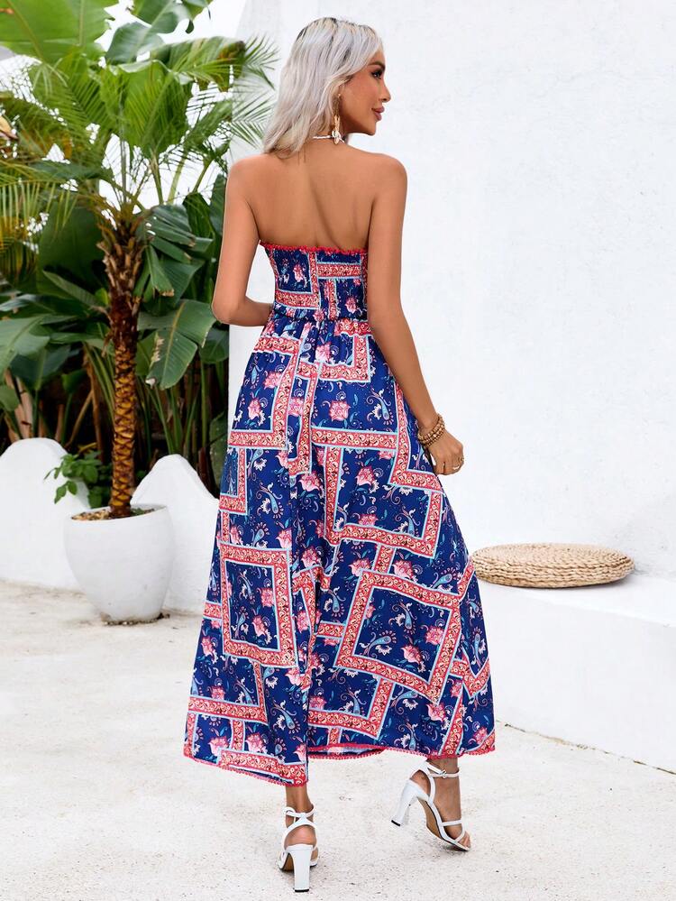 Vacation Summer Patchwork Printed Strapless Dress