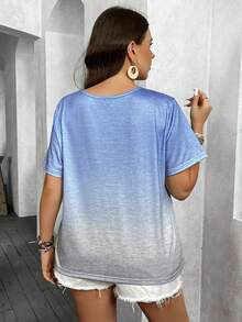 SHEIN LUNE 夏季霧藍漸變灰加大碼休閒t卹帶領帶領結 - 藍色 - 查看 2