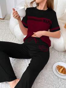 Color Block Slogan Print Casual Short Sleeve T-Shirt And Sleep Shorts Pajama Set