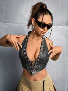 SHEIN ICON Ladies' Y2K Grunge Deep V Neck Halter Cropped Top With  Tie - Dark Grey - View 8