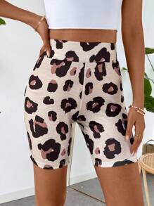 SHEIN LUNE Leopard Print Women Short Leggings - Mocha Brown - View 3