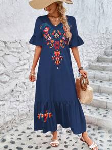 SHEIN LUNE Vacation Style Floral Print Ruffled Short Sleeve Dress - Blue - View 4