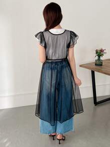 FRIFUL Designer 女士甜美设计感长袖透明网眼连衣裙太阳裙，休闲女装 - 黑色 - 查看 5