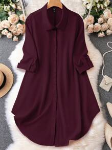 SHEIN Clasi Women's Solid Color Simple Lapel Plus Size Dress Fall - Red Violet - View 1