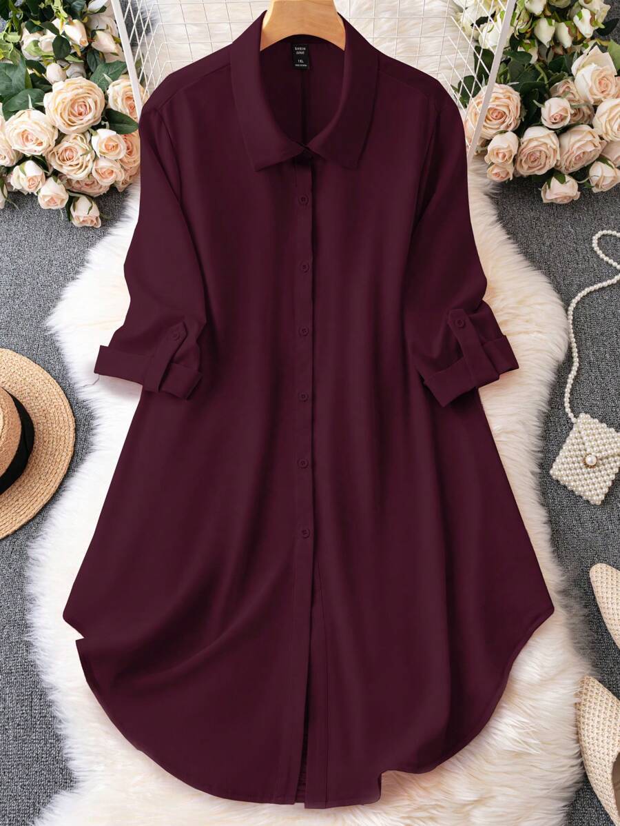 SHEIN Clasi Women's Solid Color Simple Lapel Plus Size Dress Fall - Red Violet - View 1
