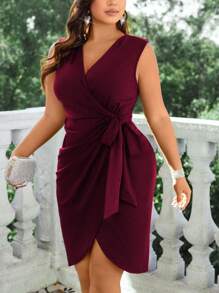 Cravure Burgundy Red Plus Size Solid Color Pleated Wrap Dress With Knot Detail Wedding