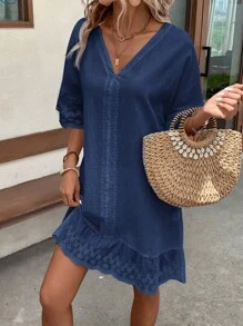 EMERY ROSE Lace Splice V-Neck Lotus Leaf Trim Decor Summer Casual Dress,Summer Dresses For Women - Navy Blue - View 5