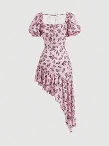 SHEIN MOD Không đối xứng & & Bong bóng Tay áo & In hoa Dây đeo Mì Ý  Đầm Cho mùa xuân Và Mùa hè - Nhiều màu - Xem 2