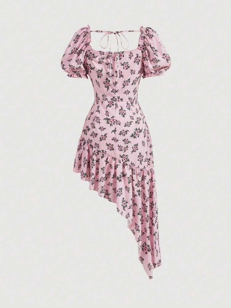 Asymmetric Hemline & Ruffles & Bubble Sleeve & Floral Print Spaghetti Strap Dress For Spring And Summer