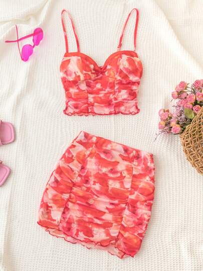 Soleia Women's Casual Holiday Red Abstract Printed Mesh Contrast Lace Trim 2 Pieces Set