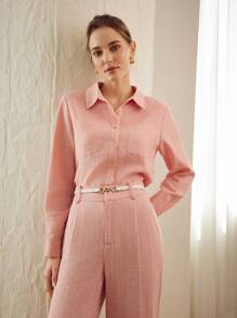 MOTF PREMIUM PURE LINEN SOLID COLOR PATCHWORK POCKET DESIGN LONG SLEEVE SHIRT - Dusty Pink - View 4